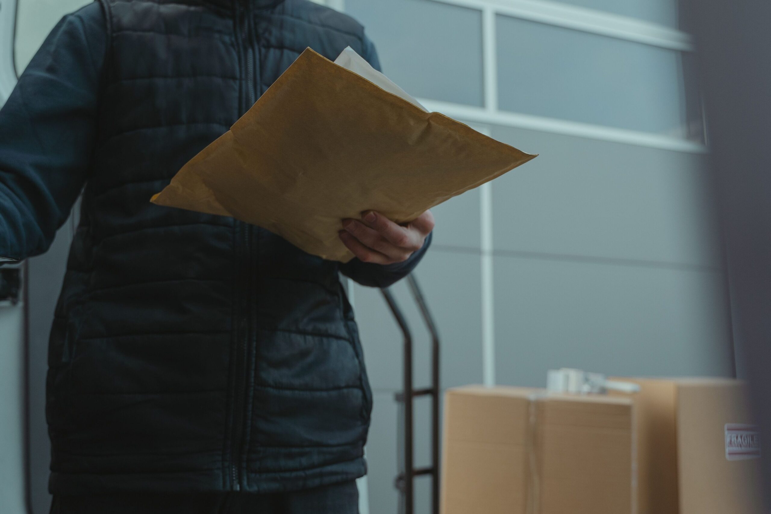 Courier organizing packages next to a delivery van beside a building.